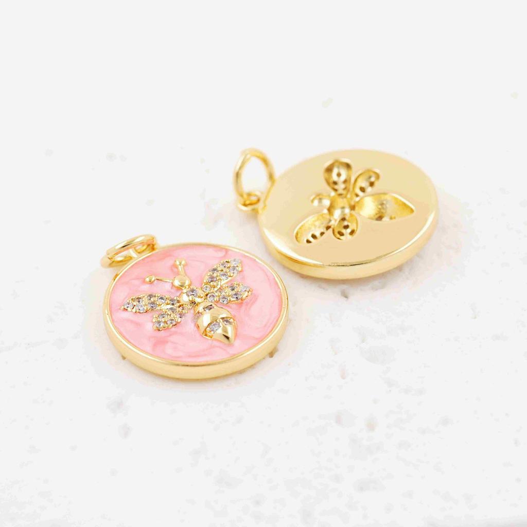 Trendy Gold Plated Bee Charms Pendant Jewelry Copper Inlaid Zircon Round Enamel Insects Necklace Pendant Accessories DIY Jewelry
