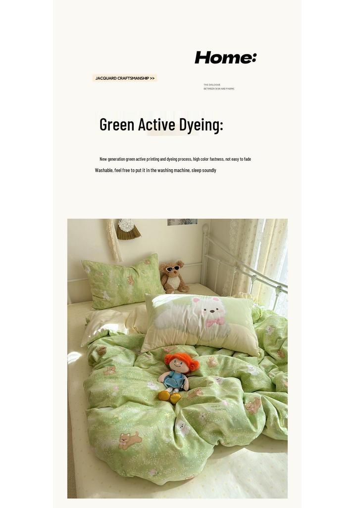 Adorable Puppy Cartoon Cotton Bedding Set, 1.2m Student Dorm - Includes Bed Sheet, Duvet Cover, and Pillowcase.