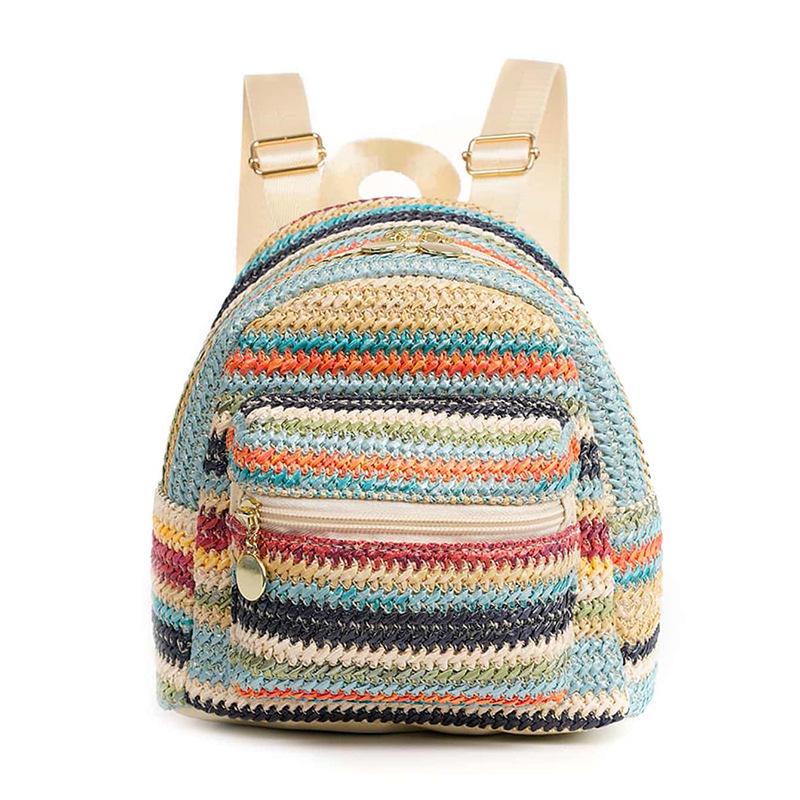 Women's Ethnic-Style Straw Backpack with Double Layer Zipper