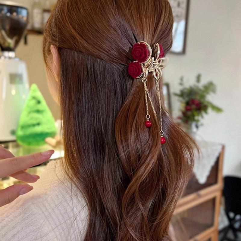 1Pc Vintage Elegant Red Flocked Rose Tassel Hair Clip Stylish Ponytail Claw Crab Clip For Girls Women Delicate Hair Accessories