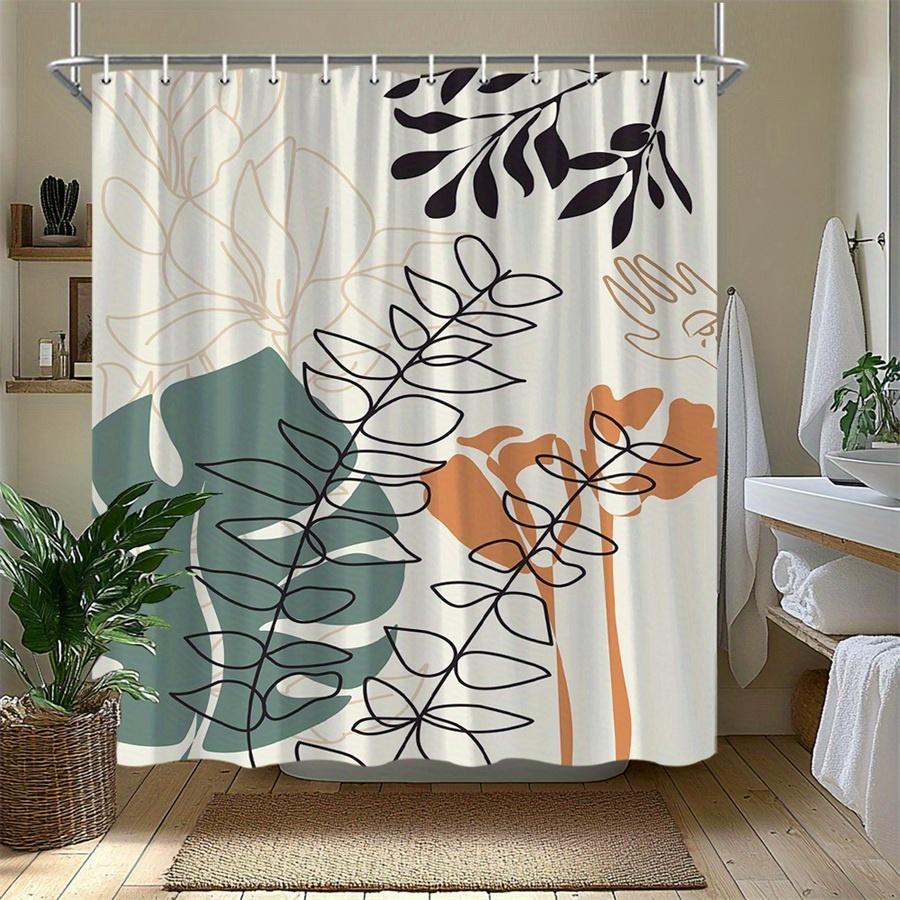 1pc Bamboo leaf pattern shower curtain, machine washable polyester fabric, suitable for bathroom décor.