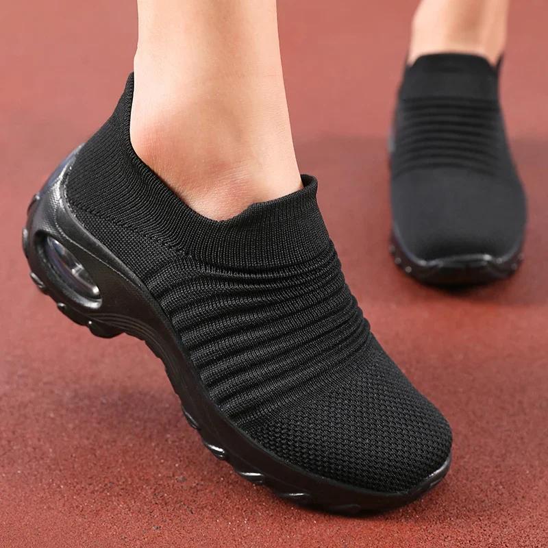 Women's Summer Slip on Shoes Black Sporty Casual Breathable Height Increasing Thick Soled Non Slip Comfortable New Walking Shoes