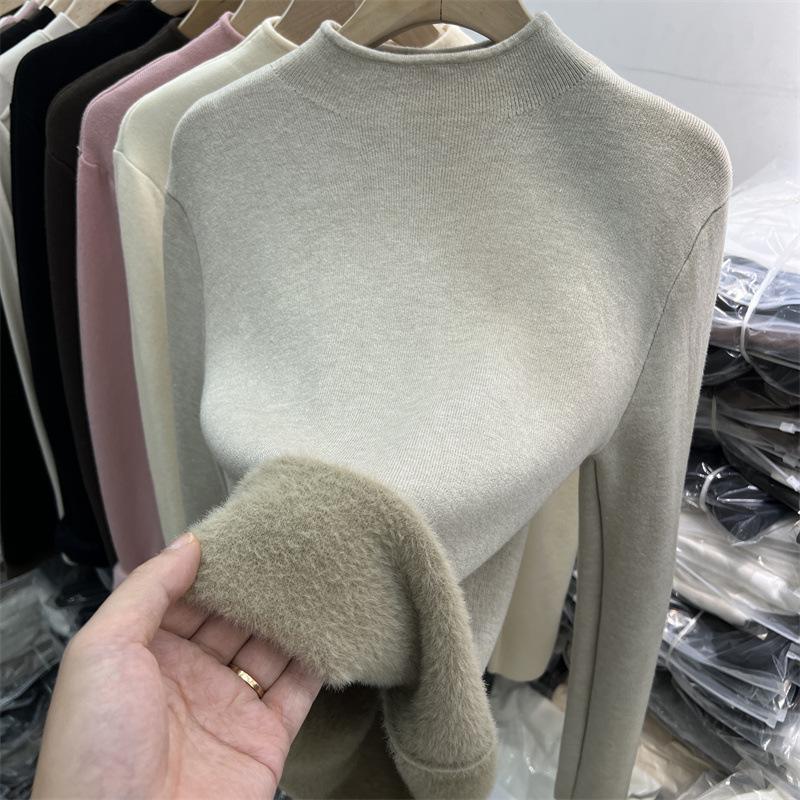 Thickened warm integrated fleece semi-turtleneck knitted sweater women's spring soft waxy inner bottoming shirt solid color top