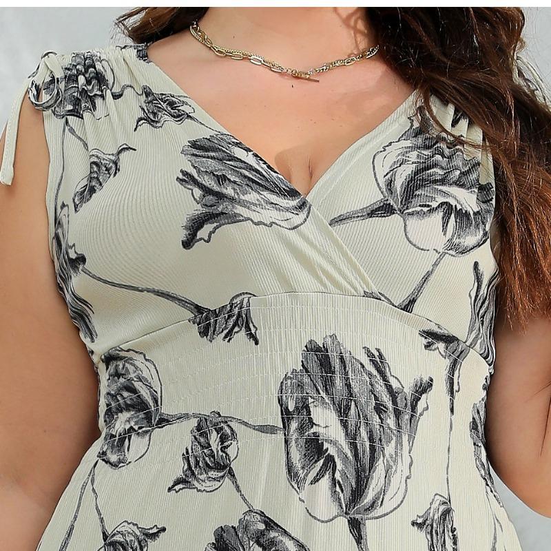 Vintage V-Neck Dress Sleeveless High Waist Dress for Women Summer Printed Dress Plus Size Tie Up Dress Loose Casual Versatile Dress Oversized Dress
