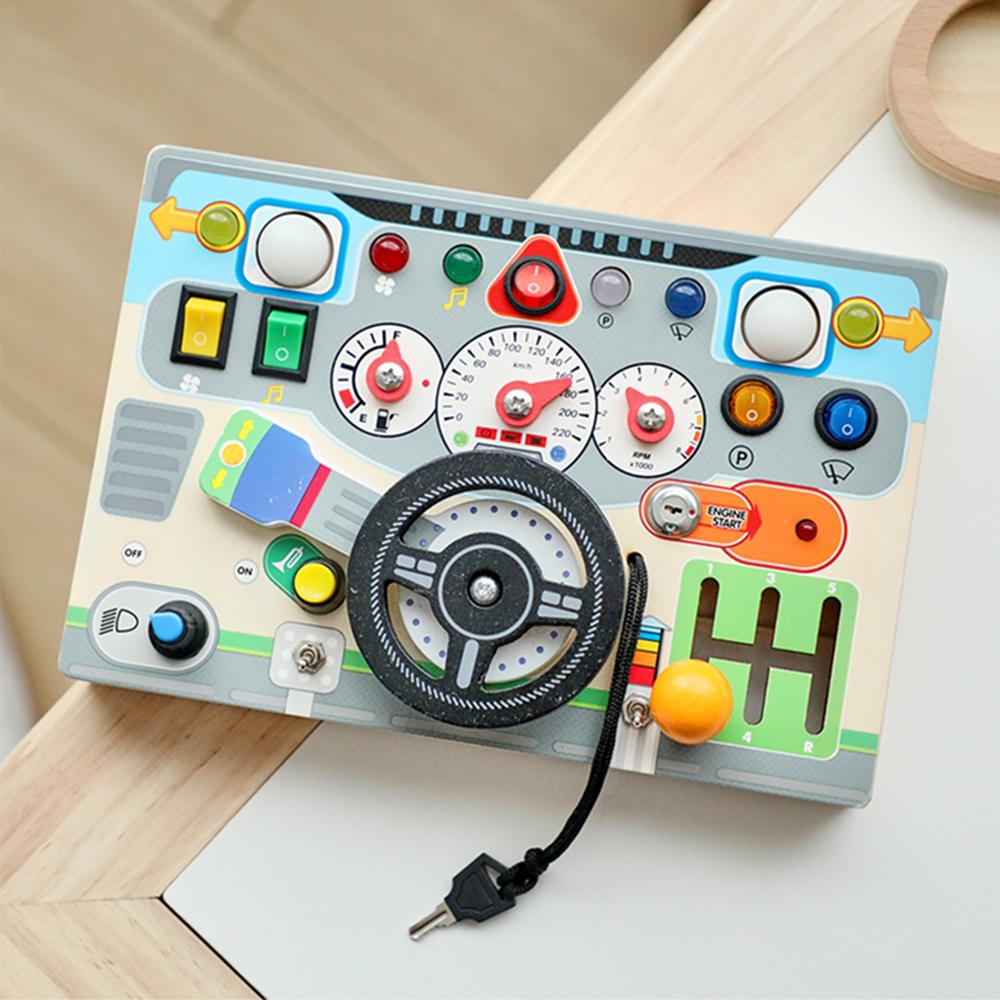 Montessori Busy Board Sensory Toys Wooden Steering Wheel Switch Control Board for Children Travel Activities Games Gifts Toy