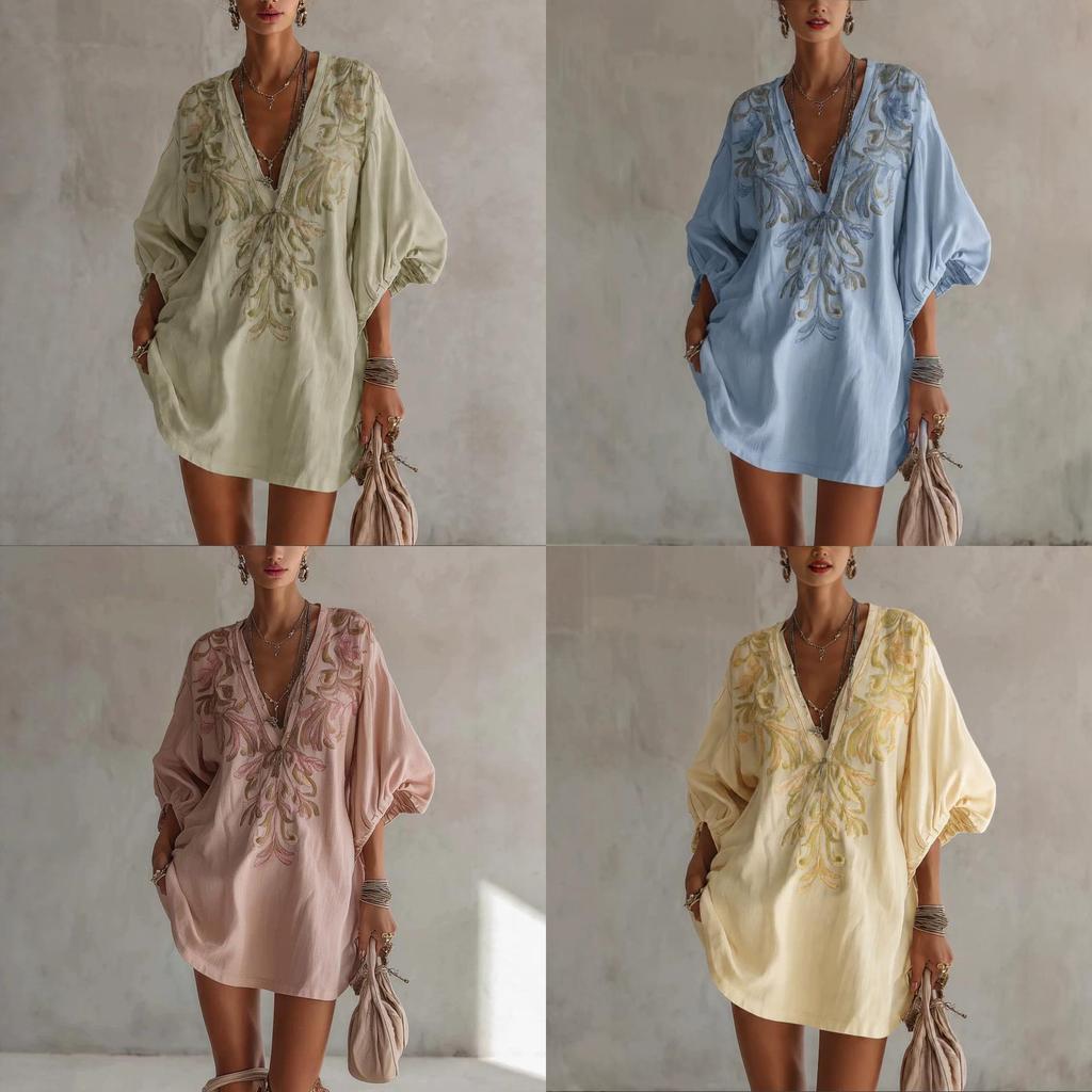 Street Style Mini Dress With Deep V Neck Floral Print For Summer Casual Wear
