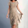 Elegantes Damenkleid mit O-Ausschnitt und Perlendekor, kurzärmeliges Midikleid mit geschichtetem Kuchensaum, fließendes Kleid für Party, Hochzeit, Gastkleid