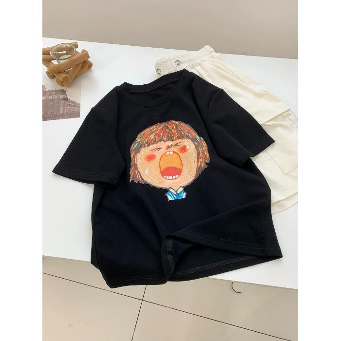 Summer Pure Cotton T Shirts Women's O-neck Short-sleeve Funny Cartoon T-shirt Casual Elastic Skinny Y2k Crop Tops Women Clothes