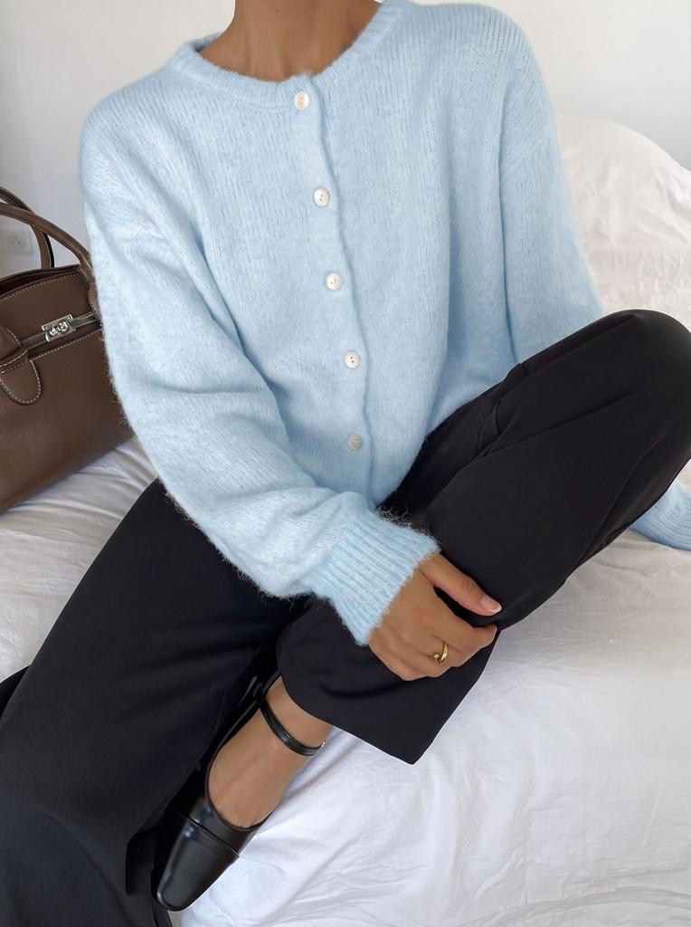European and American hot-selling white with soft knitted cardigan women's retro buckle gray wool sweater jacket ins wind