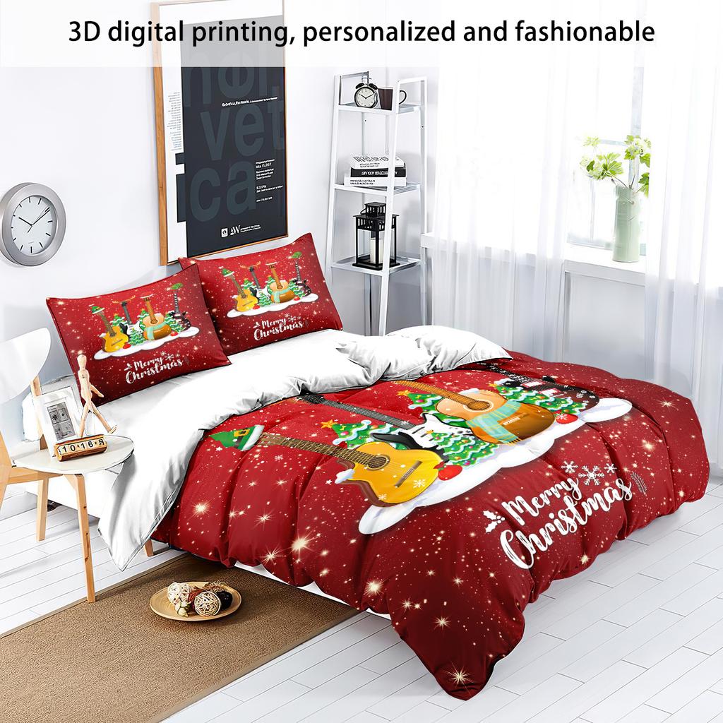 3pc Christmas Music Guitar Print Red Chipless Bedding Set Soft and Comfortable Bedroom Dormitory Multiple Sizes Machine Washable