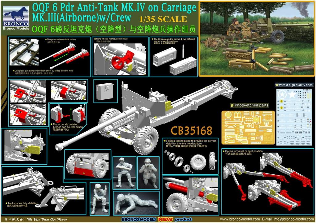Bronco Model 1/35 British QF 6-pounder Anti-Tank Gun Mk.4 Airborne Lightweight Type with 4 Paratroopers, Plastic Model Kit CB35168