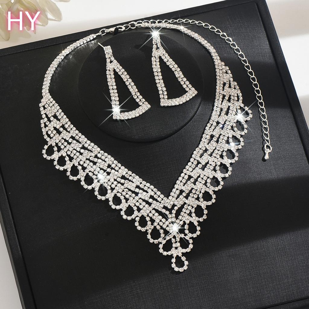 HY  Shiny Tassel Earrings V-shape Necklaces Women Wedding Party Set  Fashion Lead-Free Brass Silver/Gold