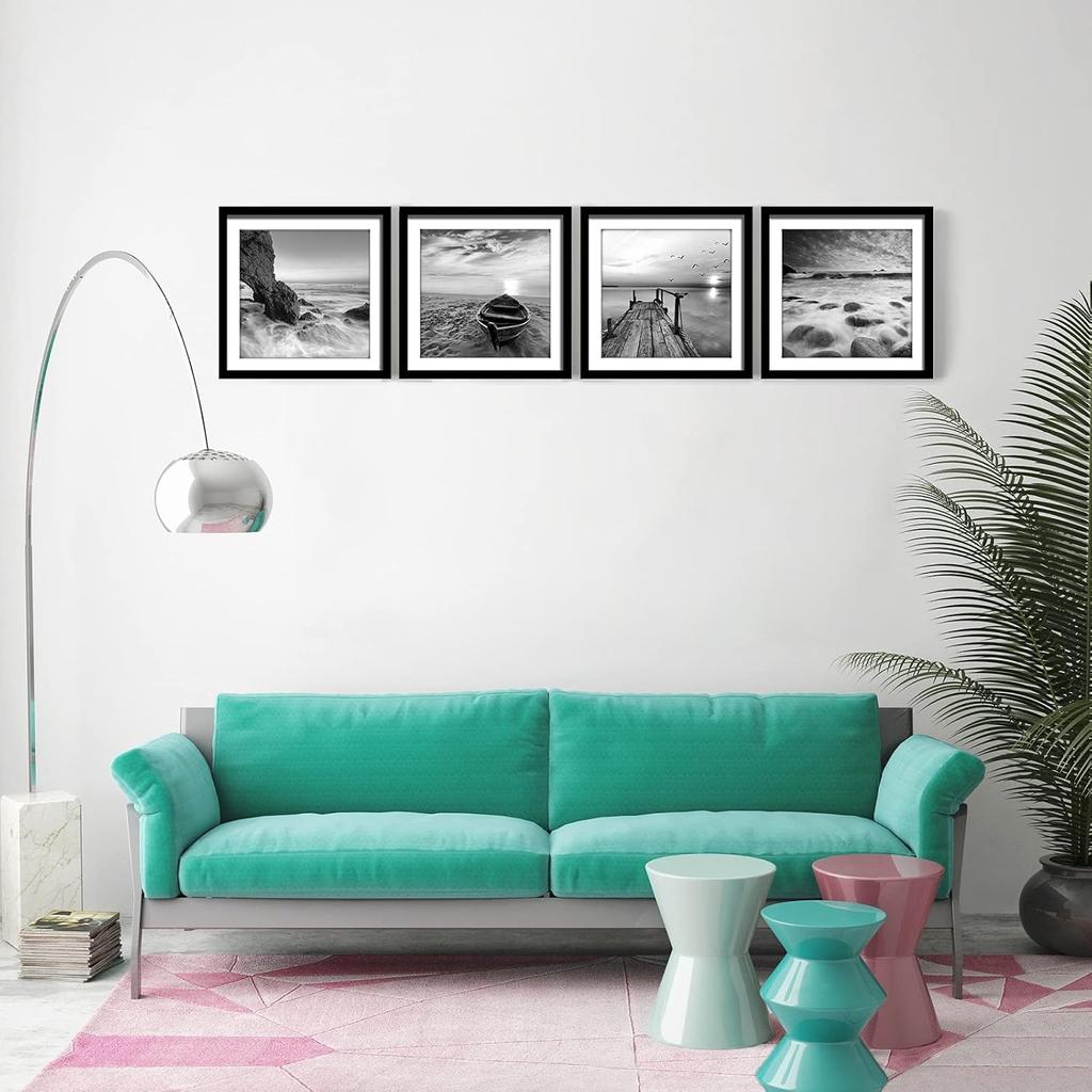 ENGLANT-4 Panels Set Framed Canvas Print for Seascape Beach and Boat Sunrise Scenery Black and White Giclee Canvas Print Wall Art Ready To Hang