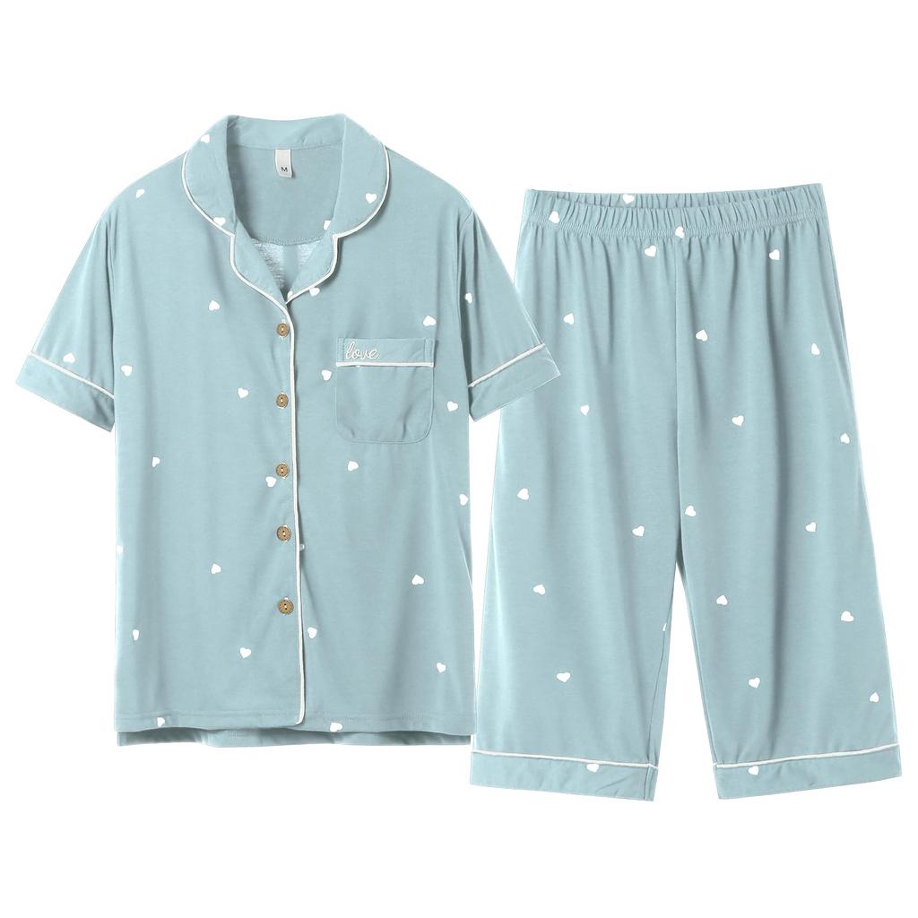 Short Front Opening Top and Bottom Loose [HEWEAYTA] Women's Pajamas, Sleeve, - Loungewear, Summer, 3/4 Length, Set, Comfortable, Fit, Soft, M-3XL