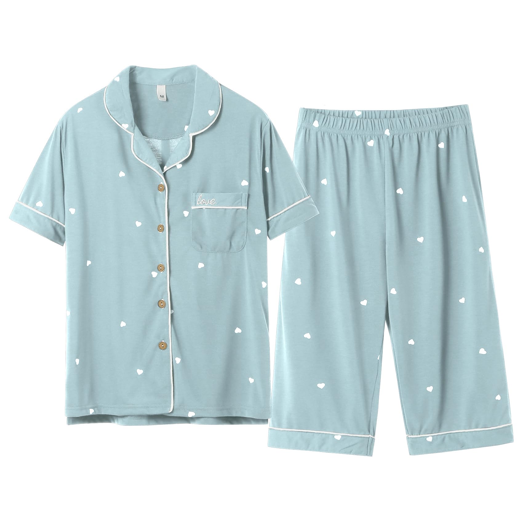 

Short Front Opening Top and Bottom Loose [HEWEAYTA] Women s Pajamas, Sleeve, - Loungewear, Summer, 3/4 Length, Set, Comfortable, Fit, Soft, M-3XL синій