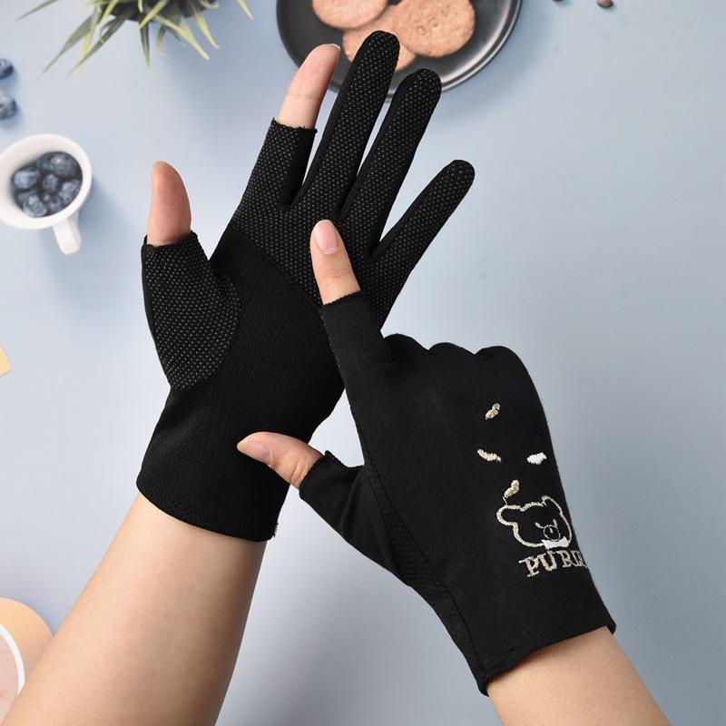 Sun Protection Gloves for Women  Spring and Summer  Thin  Two Finger Exposed Sweat Absorbing  Breathable  Anti Slip Cute Little Bear Gloves