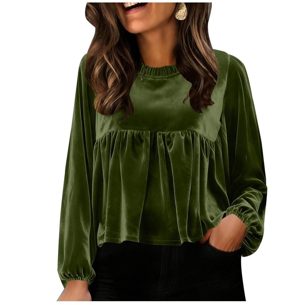 Women Loose Crewneck Babydoll  Long Sleeve Elegant Sleeve Velvet Blouse