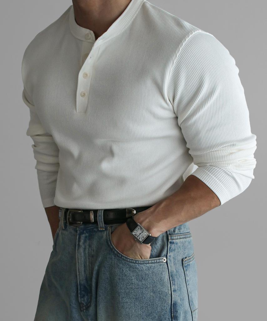 Baulopeulodeogteu Ribbed Henley Neck Muscle Long Sleeve Knit Tee [Ivory]