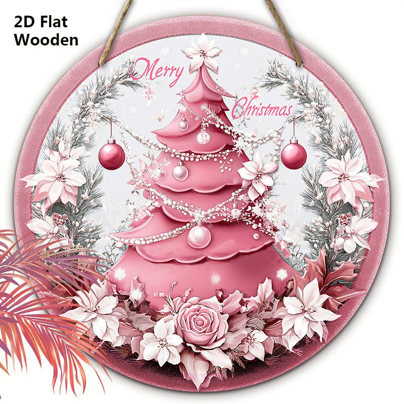 Wooden Pink Christmas Sign, Merry Christmas Round Ornament for Front Door Wall Hanging Decor, Ideal Christmas Gift