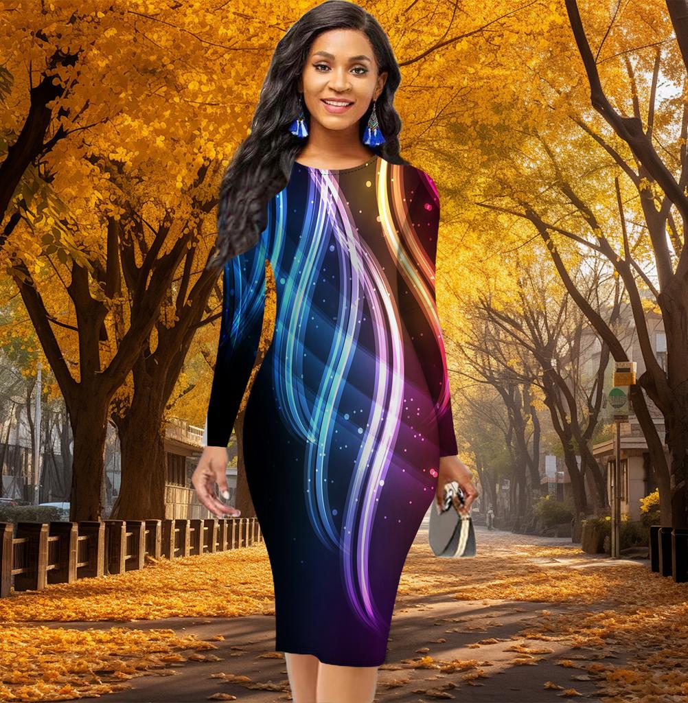 Long Sleeve Waist Tight Office Slim Fit Dopamine Light Printing Elegant Bodycon Dress