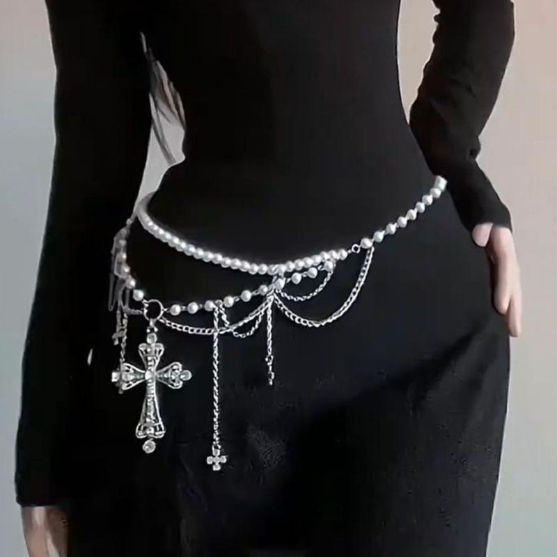 Edgy Crosses Design Pearls Chain Waist Chain For Punk Rock Concerts And Casual Streetwear
