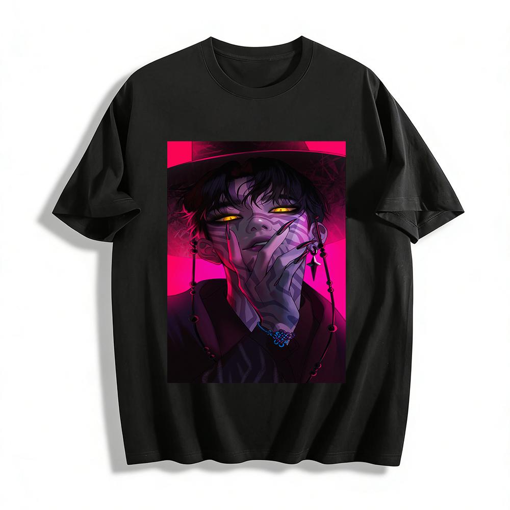 

Dark Style Purple Pattern Yellow Pupil Cool Character Print Top Trendy Loose Casual Unisex T-Shirt Pure cotton T-shirt 6XL