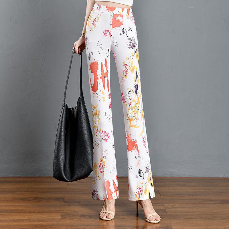 2024 Summer Women's Slimming Stretchy Micro-flare Long Pants with Printed Elastic Waist