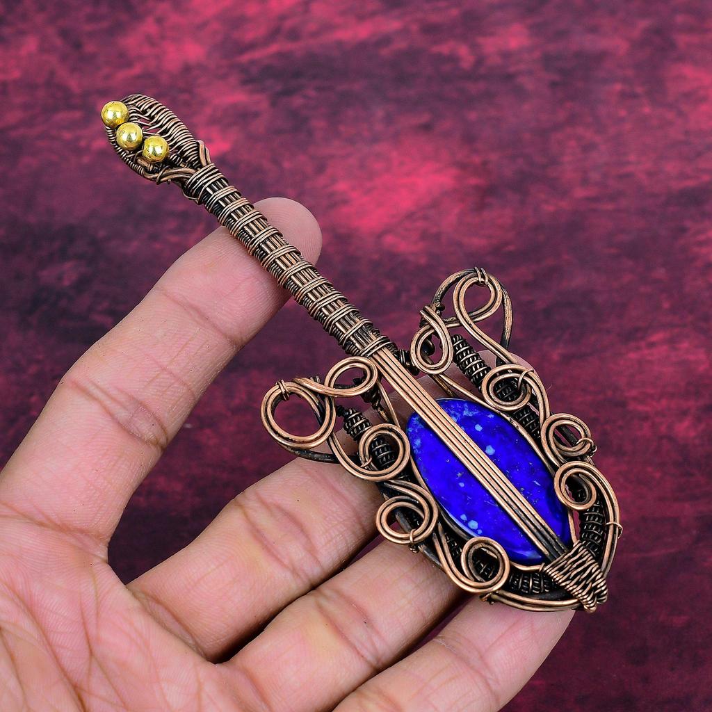 Lapis Lazuli Gemstone Pendant Copper Wire Wrapped Guitar Pendant Handmade Jewelry