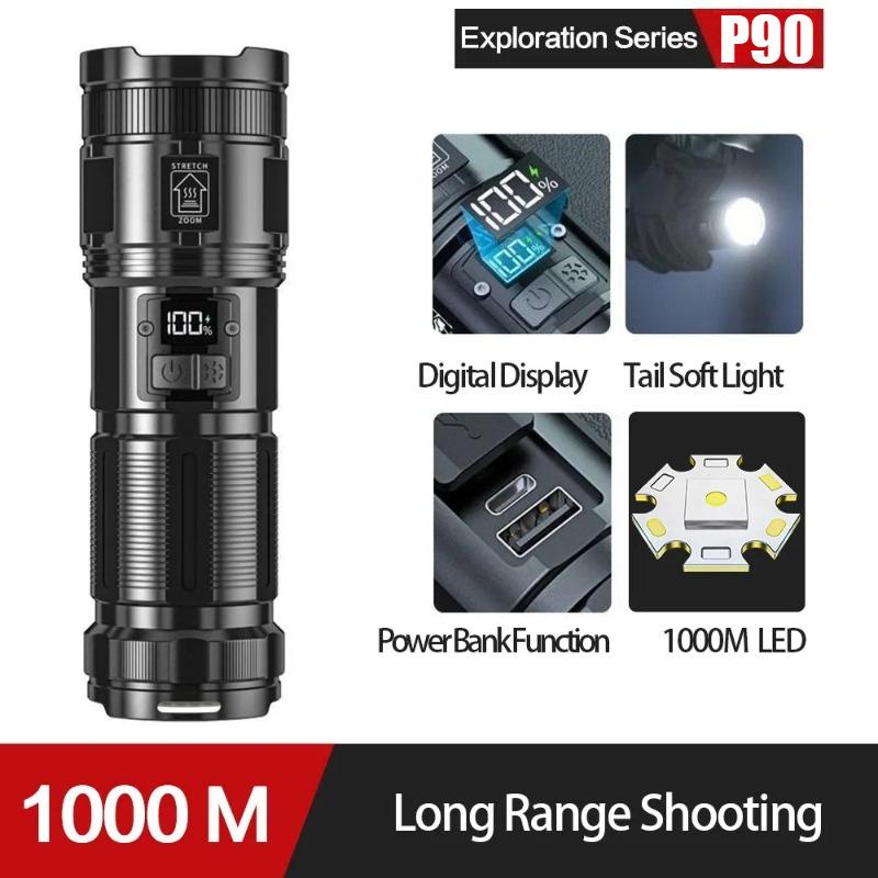3500LM 50W High Power Rechargeable Flashlight LED Long Range With Display COB Tail Light lantern Built-in battery Type-C Stronglight Torch