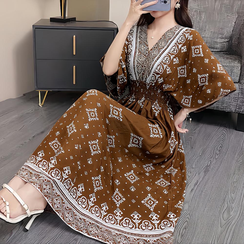 26-Year Floral V-Neck Cotton Silk Batwing Sleeve Beach Dress - Thailand Travel & Vacation Skirt Style