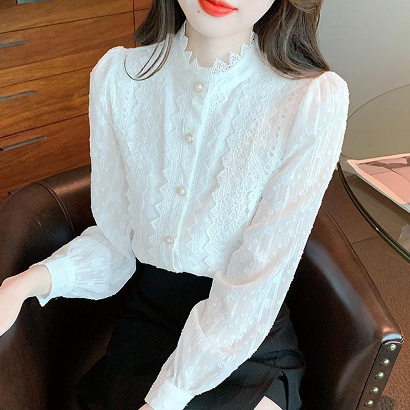

Модная белая кружевная блузка с длинным рукавом и воротником-стойкой, женские топы J314 L белый