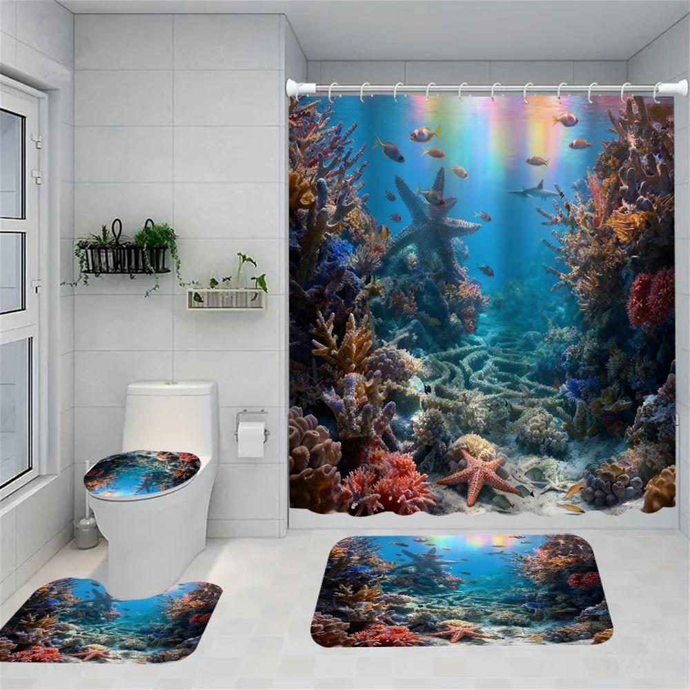 1/4 Marine Organisms Print Shower Curtains, Toilet Seat Decoration, Shower Curtain with Carpet and Toilet Lid, 70.8x70.8 Inch