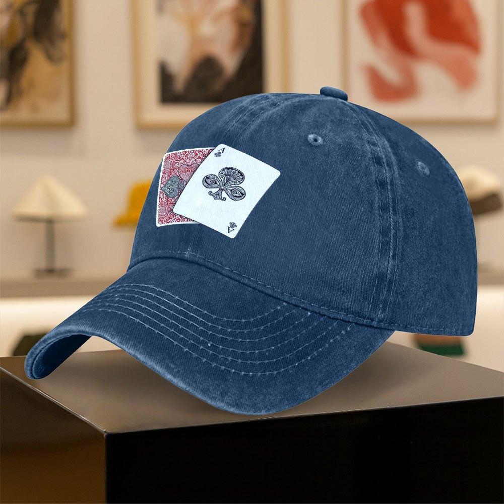 Vintage Washed Duckbill Baseball Cap with Playing Card Pattern Print Unisex Fashion Hat for Outdoor Sports Daily Wear