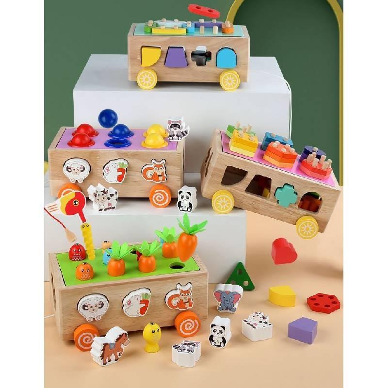 Colorful Educational Wooden Farm Fishing Shape Matching Car Toys For Kids