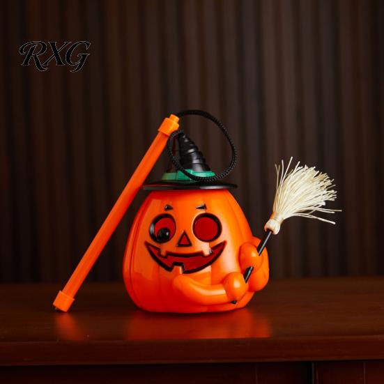 Light Up Pumpkin Decor Glowing Halloween Lantern, Jack O Lantern with Witch Hat Broom, Candy Collecting Decor, Trick or Treat Prop for Kids