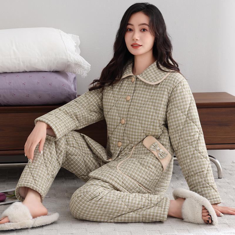 Pajamas Women'S Winter Three-Layer Thickened Velvet Woven Cotton Padded Autumn And Winter Models Can Be Worn Outside Warm Loungewear Set