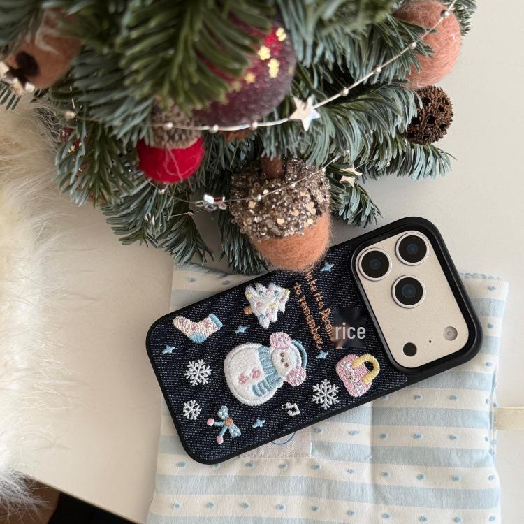 Embroidered Christmas Tree & Snowman Denim Phone Case for iPhone 16/17 Pro Max