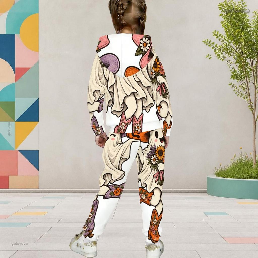 Girls Halloween Cartoon Printed Hooded 2 Piece Outfits Long Sleeve Kangaroo Pocket Top Cuffed Pants
