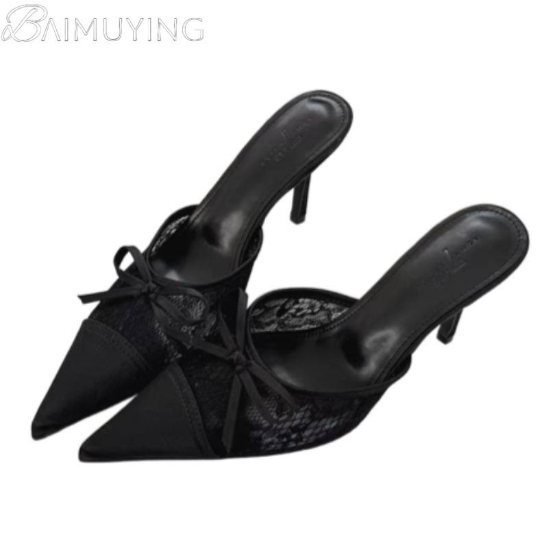 Bow Mesh Lace High Heels Slippers Pointed Toe Women Sandals Mules Shoes 2025 New Summer Trend Dress Pumps Sexy Sandalias Mujer
