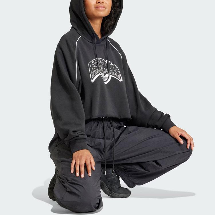 Adidas Originals Cropped Hoodie With Letter Logo Print Women Hoodies Black IT9772