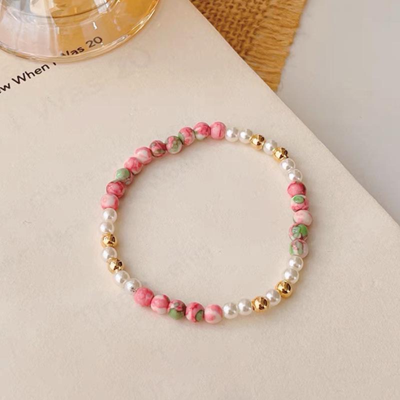 New Chinese Style Pink Pearl Rain Flower Stone Bracelet with Gold Beads - Love & Luck Attracting Hand Jewelry