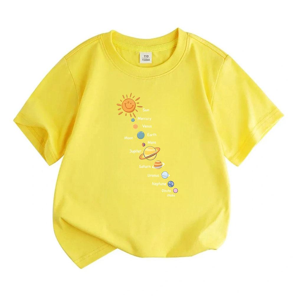 Kids Boys Girls 100% Cotton Crew Neck Short Sleeve T-Shirt, Cute Cartoon Solar System Sun Planets Print Casual Soft Breathable Tee for Children Daily