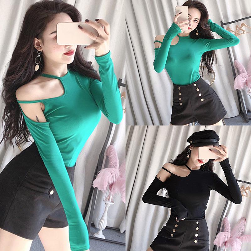 Camiseta de Manga Larga con Hombro Frío y Cuello Asimétrico para Mujer