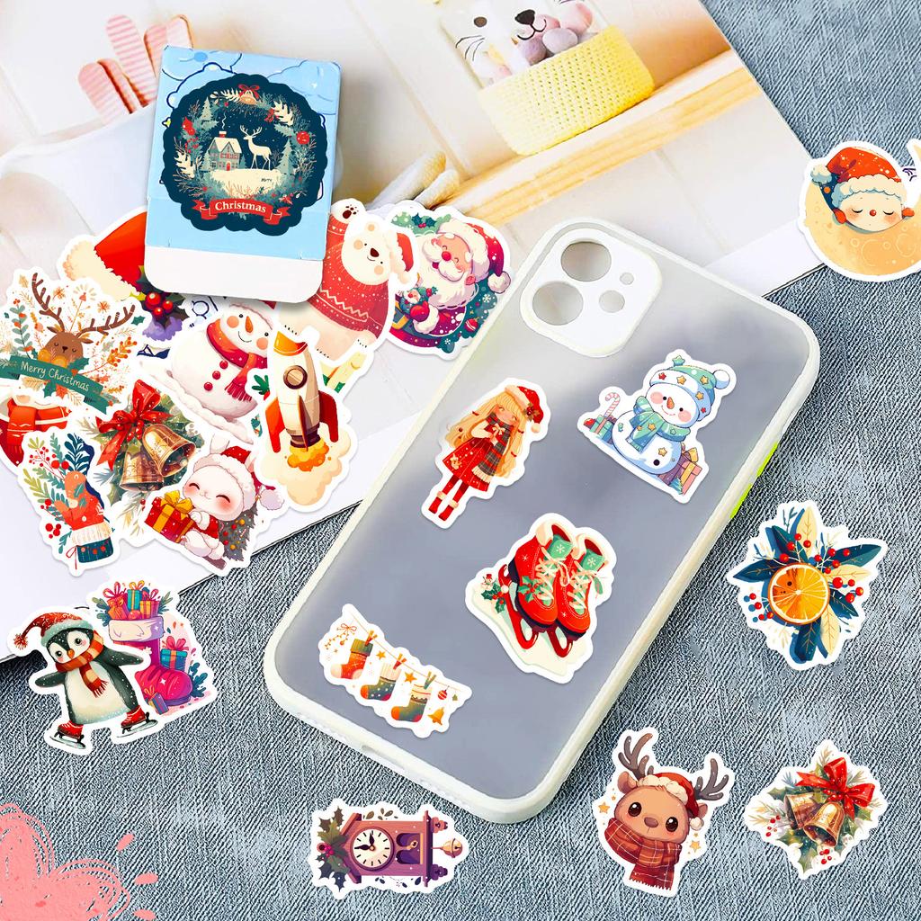 50pcs Merry Christmas and Happy New Year Stickers, Non-repetitive Cartoon Cute Characters and Animals Christmas Decorative
