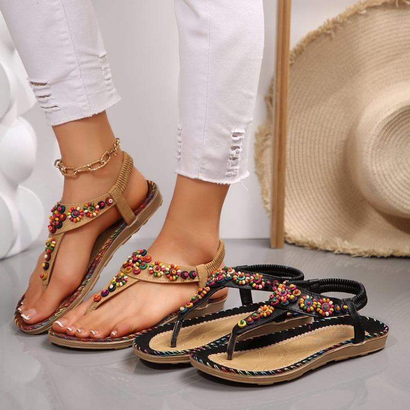 Women's Beaded Ethnic Style Clip-foot Herring-shaped Flat Sandals Flat-heeled Women's Shoes