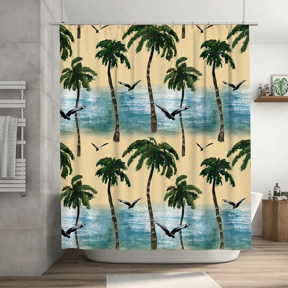 Beach Palm Tree Shower Curtain Watercolor Seagulls Bath Decor Modern Tropical Design Waterproof Fabric for Home Decoration