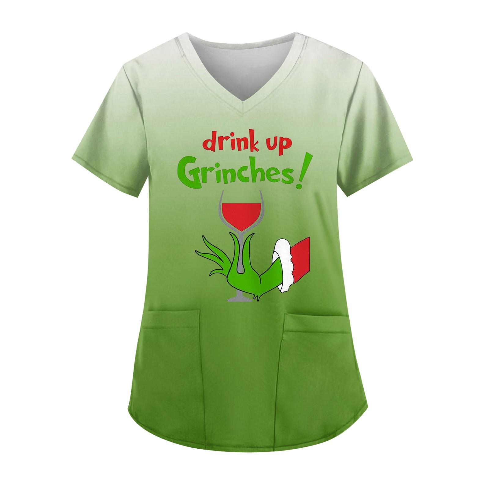 

Women s Cute Printed Work Clothes V-neck Double Layer Pockets Basic Short Sleeve Top Pullover Christmas M