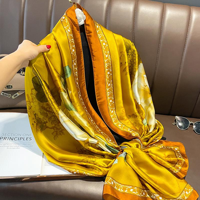 Spain Fashion Brand Women Silk Scarf Luxury Floral Stain Pashmina Shawls and Wraps Foulard Femme Bufandas Beach Hijab 180*90Cm
