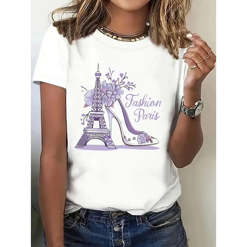 

European Size Eiffel Tower and High Heels Pattern Printed Short Sleeve Round Neck Casual T-shirt 4XL