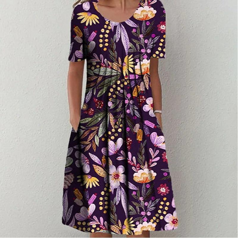 Abiti casual a vita alta con scollo a maniche corte e stampa floreale primavera-estate moda donna